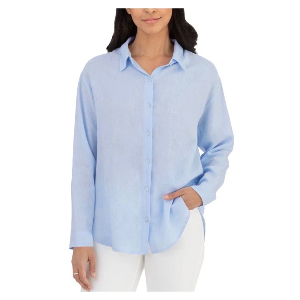 BlankNYC Womens Blue Linen Blend Button Down Shirt Long Sleeve •L• Layering Chic